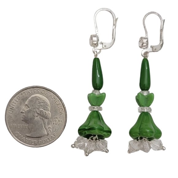Czech Vintage Green Clear Glass Beads Lever Back Dangle Drop Earrings E155 - Picture 4 of 6